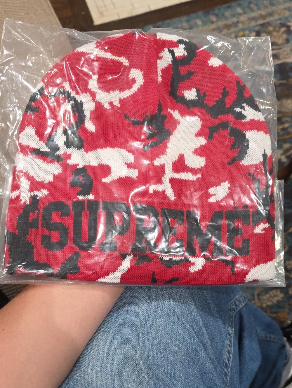 Brand New Supreme Red, White & Black Camo Beanie. This Beanie Is Also Reversable